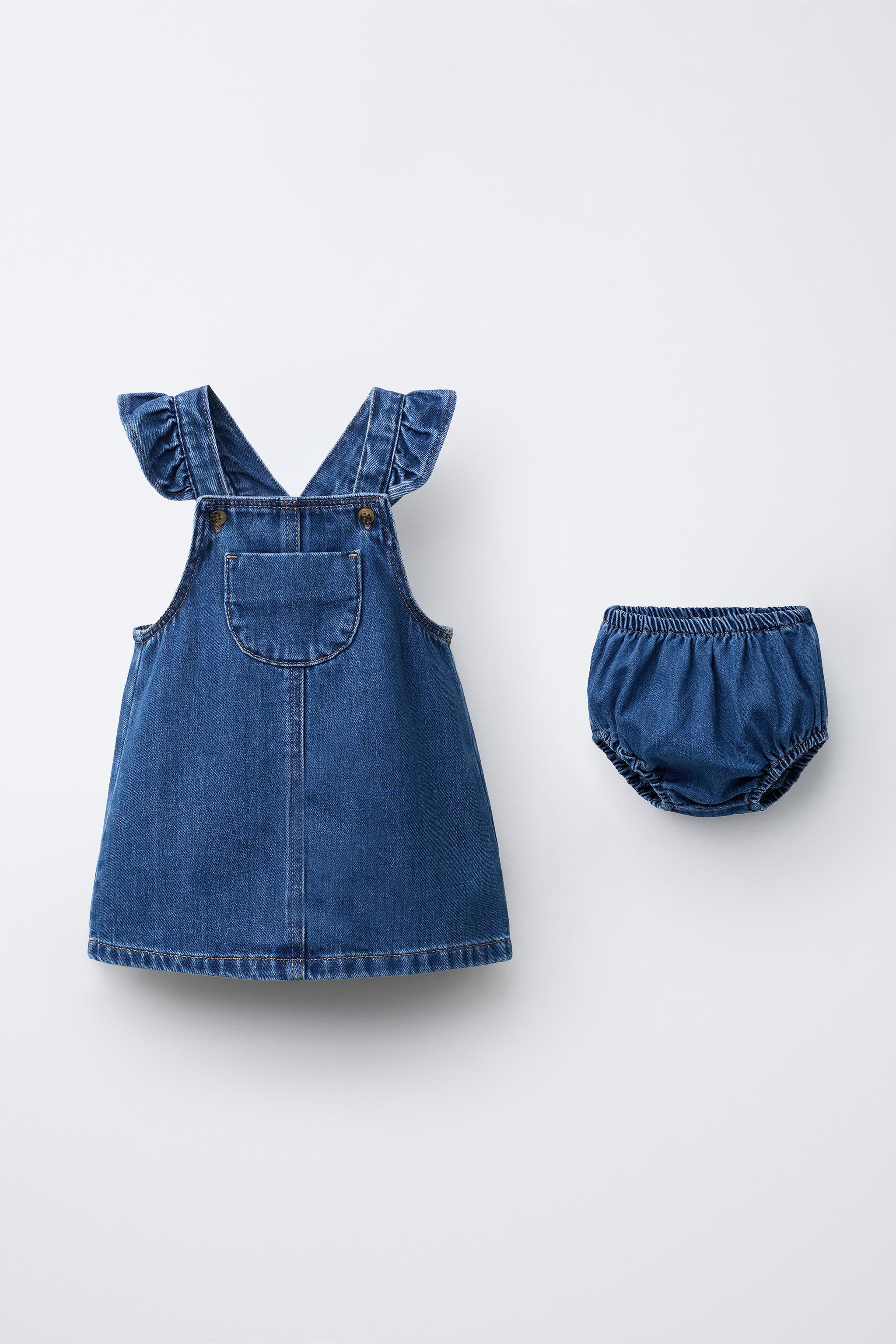 RUFFLE DENIM PINAFORE DRESS AND SHORTS